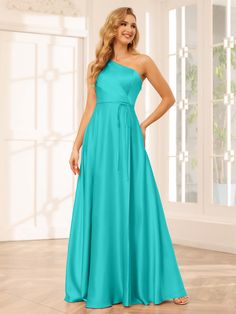 Lavetir sells a large selection of 2025 new bridesmaid dresses and wedding party dresses online. Stay on top of the latest fashion trends with these bridesmaid dresses featuring oversized bows, airy tulle skirts, sexy corset styles, and dramatic pleated metallics. Comes in various styles, such as A-line, mermaid, sheath, and empire waist, to suit different body types and preferences. Here is the dress detail: Fabric: Acetate-like?Satin; Silhouette: A-Line/Princess; Neckline: One-Shoulder; Hemlin Bridesmaid Dresses Turquoise, Dresses With Split, Turquoise Bridesmaid Dresses, Corset Styles, Party Dresses Online, Tulle Skirts, Pearl Pink, Long Bridesmaid Dresses, Turquoise Color