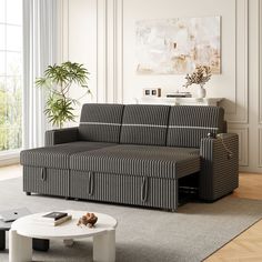 a living room with a couch, coffee table and potted plant in the corner