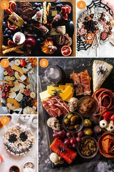 an assortment of halloween treats and snacks on a table with text overlay that reads, how to make a spooky spider web appetizer