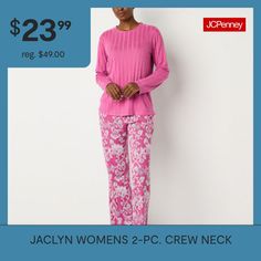 Sleep in style in this Jaclyn women's 2-piece pajama set comprised of a long-sleeve crew neck shirt paired with elastic-waist patterned capri pants complete with side slip pockets. The set is made from a soft and breathable knit fabric for comfortable all-night wear. # Pieces In Set: 21st Piece Description: Top1st Piece Collar: Round Collar1st Piece Apparel Length: 29 Inches1st Piece Fabric: Knit1st Piece Fiber Content: 95% Polyester, 5% Spandex1st Piece Care: Machine Wash, Tumble Dry2nd Piece … Night Wear, Crew Neck Shirt, Pajama Sets, Neck Shirt, Nightwear, 2 Piece, Pajama Set, Knitted Fabric, Knit Fabric