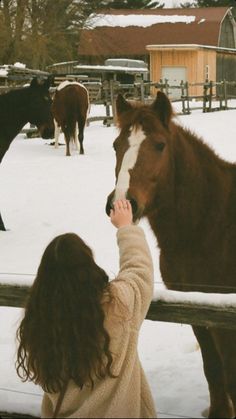 a woman petting a brown and white horse in the snow