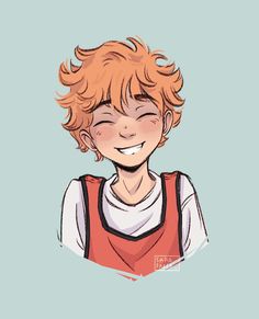 a drawing of a boy with red hair and an orange vest smiling at the camera