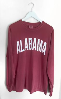 Alabama Distressed Comfort Color Long Sleeve  Each Distressed Alabama Design is unique. Unisex Adult  → Soft and High-Quality Fabric → preshrunk → Vintage look S I Z E → Please refer to the size chart on our listing photos. I do recommend sizing up if you're looking for that oversized look! S H I P P I N G & P R O D U C T I O N T I M E → Production time is 1-2 business days → If you are in a RUSH, Please contact us. C A R E  I N S T R U C T I O N → Inside out, wash with delicate cycle. → Lay fla Roll Tide, Alabama Crimson, Comfort Color, Alabama Crimson Tide, Crimson Tide, College Football, Vintage Looks, Comfort Colors, Alabama