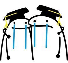 two stick figures with graduation caps on their heads and blue sticks sticking out of them