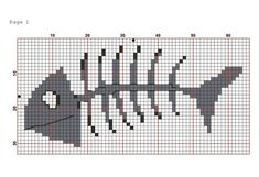 a cross stitch fish pattern in grey and red, with the words fish on it