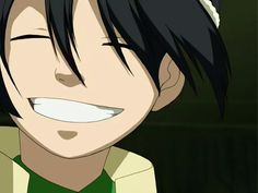 an anime character with black hair and green eyes smiles at the camera while looking to his left