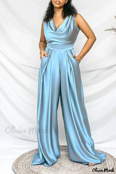 Olivia Mark - Light Blue Solid Patchwork Backless V Neck Straight Jumpsuits for Casual Wear Silver Jumpsuit, Colour Names List, Loose Jumpsuit, Jumpsuit Elegant, Blue Jumpsuits, Purple Satin, Long Jumpsuits, White Casual, Wholesale Fashion