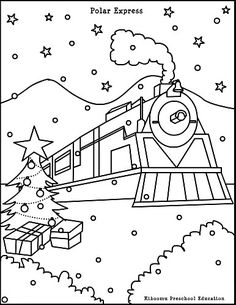 a black and white image of a train with christmas trees