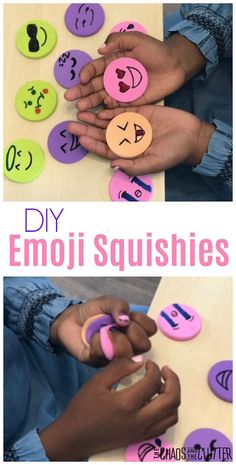 two pictures showing different types of emoji squishies and the words diy emoji squishies