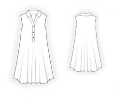 the front and back view of a white dress with buttons on the collar, as well as