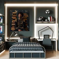 a bedroom with a bed, shelves and pictures on the wall