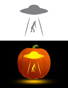 a pumpkin with an alien flying above it and the image of a man on top