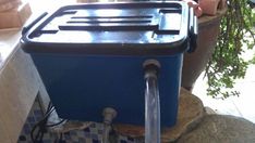 a blue cooler sitting on top of a table next to a potted plant