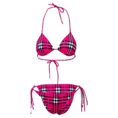 Upgrade your swimwear game with the Burberry Check Swimwear. This halterneck bikini set is made from a stretchy polyamide and elastane blend, featuring the iconic Burberry Check in a vibrant pink color. Remarks: Unused and in pristine condition. The measurements are an indication from brand's own size guide. The size is adjustable to fit. Bust:45.5;Waist:34.5;Hip:48 Material: 80% Polyamide 20% Elastane Triangl Swimwear, Latest Outfits, One Piece Swimwear, Check In, British Style, Chic Design, London Fashion Week, Pink Color, Breathable Fabric