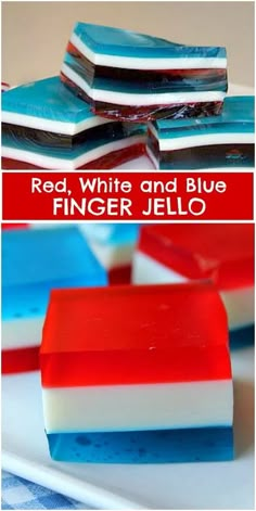 red, white and blue finger jello on a plate with text overlay that says red, white and blue finger jello