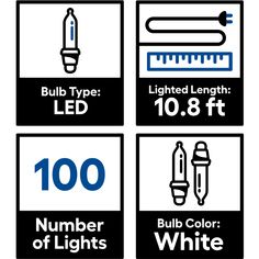 four signs with different types of light bulbs and numbers on each one, all in black and white