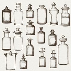 a bunch of bottles that are sitting next to each other in black and white ink