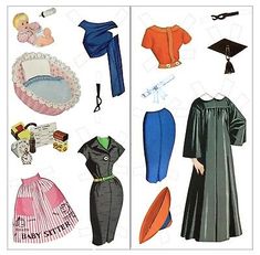 paper doll clothes and accessories are shown in two separate images