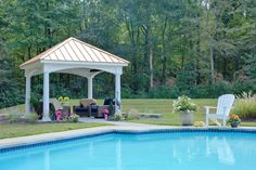 Amish Vinyl Hampton Pavilion Kit Vinyl Pavilion, Pool Pavilions, Patio Pavilion, Pool Pavilion, Pergola Curtains, Standing Seam Metal Roof, Pool Enclosures