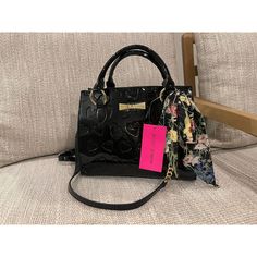 New W/ Tag Betsey Johnson Black Heart Debossed Embossed Cross Bag Purse Glossy Black Bag With Detachable Strap For Day Out, Elegant Black Bags For Day Out, Elegant Black Bag For Day Out, Betsy Johnson Bags, Betsy Johnson Purses, Skull Purse, Pink Makeup Bag, Embroidered Shoulder Bag, Bow Purse