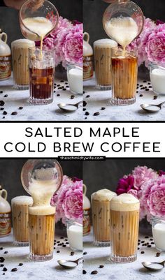 salted maple cold brew coffee is being poured into two cups and then topped with whipped cream