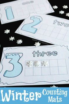 three winter counting mats with snowflakes on the ground and two numbers in them