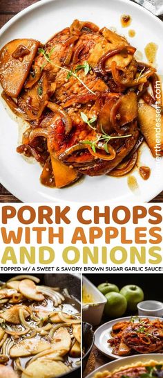 pork chops with apples and onions on a white plate