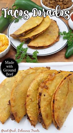 A double photo collage of tacos lined up on a white plate. Crispy Ground Beef Tacos, Fried Tacos Recipe Ground Beef, Ground Beef Breakfast Recipes, Taco Dorados, Chili Rellanos, Texmex Recipes, Brown Sugar Meatloaf