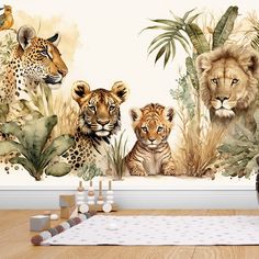 the wallpaper in this children's room is painted with wild animals and plants