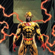 the flash standing in the rain with his hands on his hips