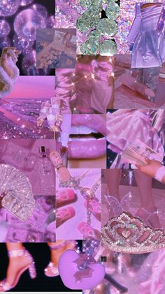 a collage of barbie dolls, shoes and other items in pinks and purples