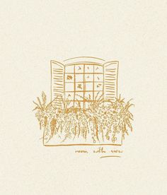 a drawing of an open window with plants in it