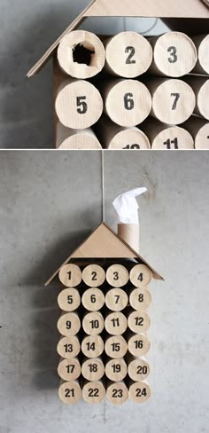 two pictures of a bird house made out of toilet paper rolls and some sort of numbers