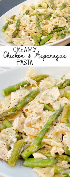 two plates filled with pasta and asparagus