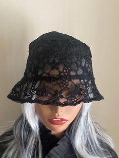 These custom made Bucket Hats are Hand Made by @FierceByFierce Wear these "and you're guaranteed to attract attention with these unique pieces. Spice up an everyday outfit, or a take a dressy outfit to a new level, or just throw one on when your having a bad hair day. The possibilities are endless.  Make it your own and let your imagination run wild. All  hats are One size, so super cool and easy to wear. Made with lace and polyester. This bucket hat will keep you stylish. One Size. Hand wash and dry flat. SHIPPING: Please allow an estimated 3-5 business days to process before shipping Please feel free to message us if you have any questions or would like something custom. Black Brimmed Hat For Halloween, Black Brimmed Fedora For Halloween, Gothic Short Brim Hat For Festivals, Black Curved Brim Fedora For Halloween, Gothic Fitted Hat With Short Brim, Adjustable Black Top Hat For Halloween, Black Brimmed Halloween Hat, Black Curved Brim Bucket Hat For Festivals, Adjustable Black Fedora