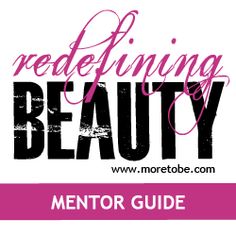 the logo for redefining beauty mentor guide, with pink and black lettering on it