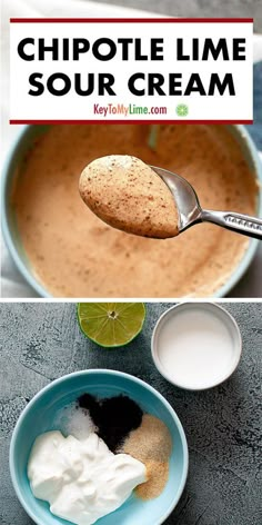 a spoon full of sour cream next to a bowl with whipped cream and limes