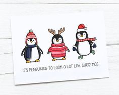 three penguins wearing sweaters and hats with the words it's penguining to look at life christmas