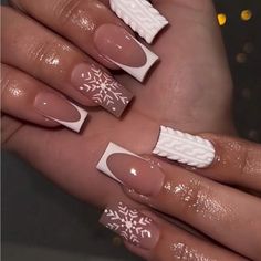 Coffin Nails Thanksgiving, Christmas But Not Christmas Nails, Christmas Nail Sets White, Fall And Winter Nails Acrylic, Cute Christmas Nail Ideas Simple, Winter Wonderland Nail Ideas, Short French Tip Acrylic Nails Christmas, How To Paint A Snowflake On Nails, Nails Idea Christmas