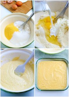 four pictures showing how to make an egg mixture in a bowl and then adding eggs into the batter