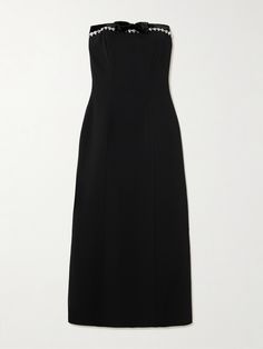 Jenny Packham adds playfulness and glamour to the classic little black dress. Decorated with carefully placed crystals and a velvet bow at the strapless neckline, this style is made from cady that hugs your figure before gently flaring out to a floaty hem. The internal boning offers structure and support. Luxury Black Embellished Maxi Dress, Jenny Packham Gown, Jenny Packham Cape Dress, Jenny Packham Black Dress, Luxury Black Strapless A-line Dress, Classic Little Black Dress, Vintners Daughter, Strapless Neckline, Velvet Trim