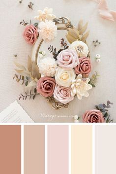 the color scheme is peach, pink and white with flowers on it's side