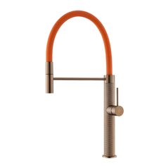 an orange handle on the side of a faucet in stainless steel and copper