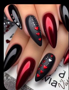 Red Black Nails Ideas, Black And Maroon Nail Designs, Nails Ideas Red And Black, Red And Black Toe Nails, Corset Nails Designs, Pretty Red Nails Design, Gothic Red Nails, Red Nail Ideas Acrylic, Black And Dark Red Nails