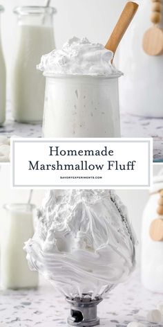 homemade marshmallow fluff in a glass jar with a wooden spoon on top