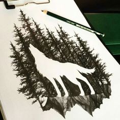 a drawing of a wolf surrounded by trees and pencils on a paper with watercolor crayons