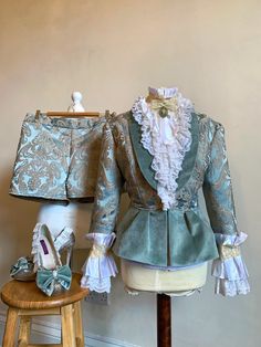 This listing is to have a one-of-a-kind rococo inspired suit custom made to your size! The suits start at £600 which includes a jacket, blouse, neck piece, and a bottom half of your choice e.g. trousers, shorts, skirt. I can also create matching accessories such as shoe clips, hair bows etc. I will design a piece specific to you and your style, which is one-off and bespoke. Here's why... I only work with second hand and/or dead-stock fabrics and materials to create my pieces, as sustainability i Elegant Fitted Suits For Costume, Rococo Fashion, Fairy Wedding Dress, Jacket Blouse, Blouse Neck, Wedding Suit, Matching Accessories, Mode Inspo, Alternative Wedding