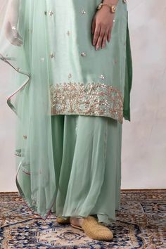 Mint green hand embroidered straight kurta. Paired with a sharara and dupatta. - Aza Fashions Unstitched Pista Green Sharara With Intricate Embroidery, Embroidered Pista Green Palazzo Set For Wedding, Green Sharara With Mirror Work And Straight Kurta, Pista Green Intricate Embroidery Chanderi Palazzo Set, Pista Green Intricately Embroidered Chanderi Palazzo Set, Green Chinon Palazzo Set With Mirror Work, Green Unstitched Suit With Mirror Work, Green Chinon Kurta With Intricate Embroidery, Green Sharara With Mirror Work And Traditional Drape