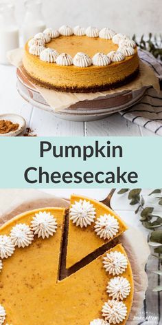 pumpkin cheesecake on a plate with the remaining slice cut out and ready to be eaten