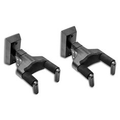 two metal brackets are shown on a white background, one is black and the other is silver